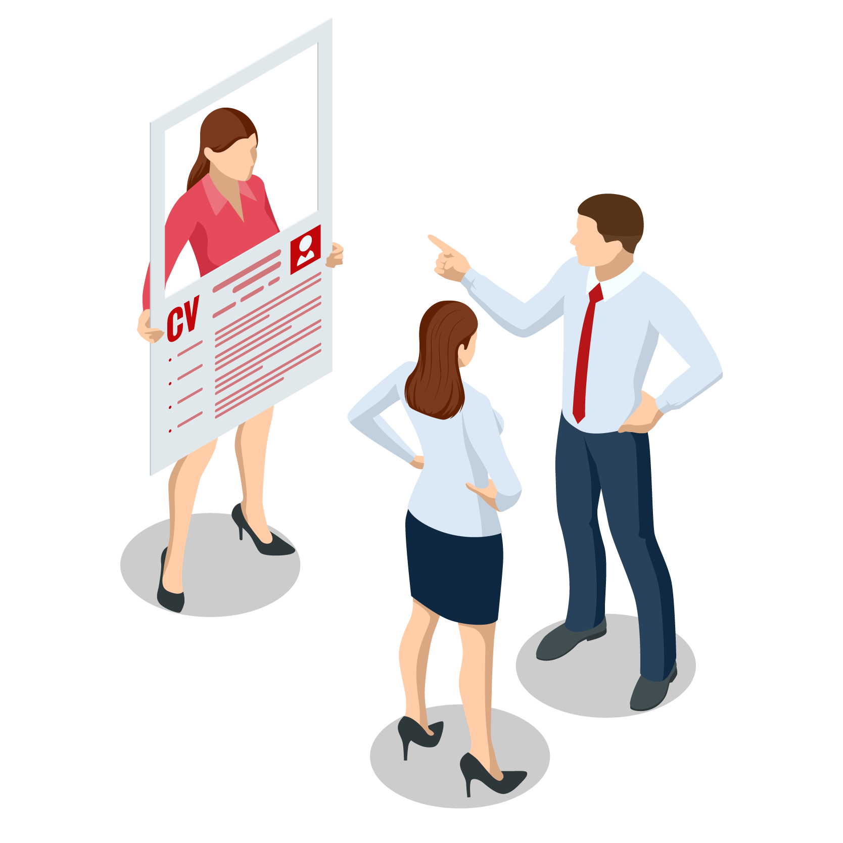 履歴書（CV）を持った求職者を選考する採用担当者たちのイラスト。求人業務の負担軽減を示唆